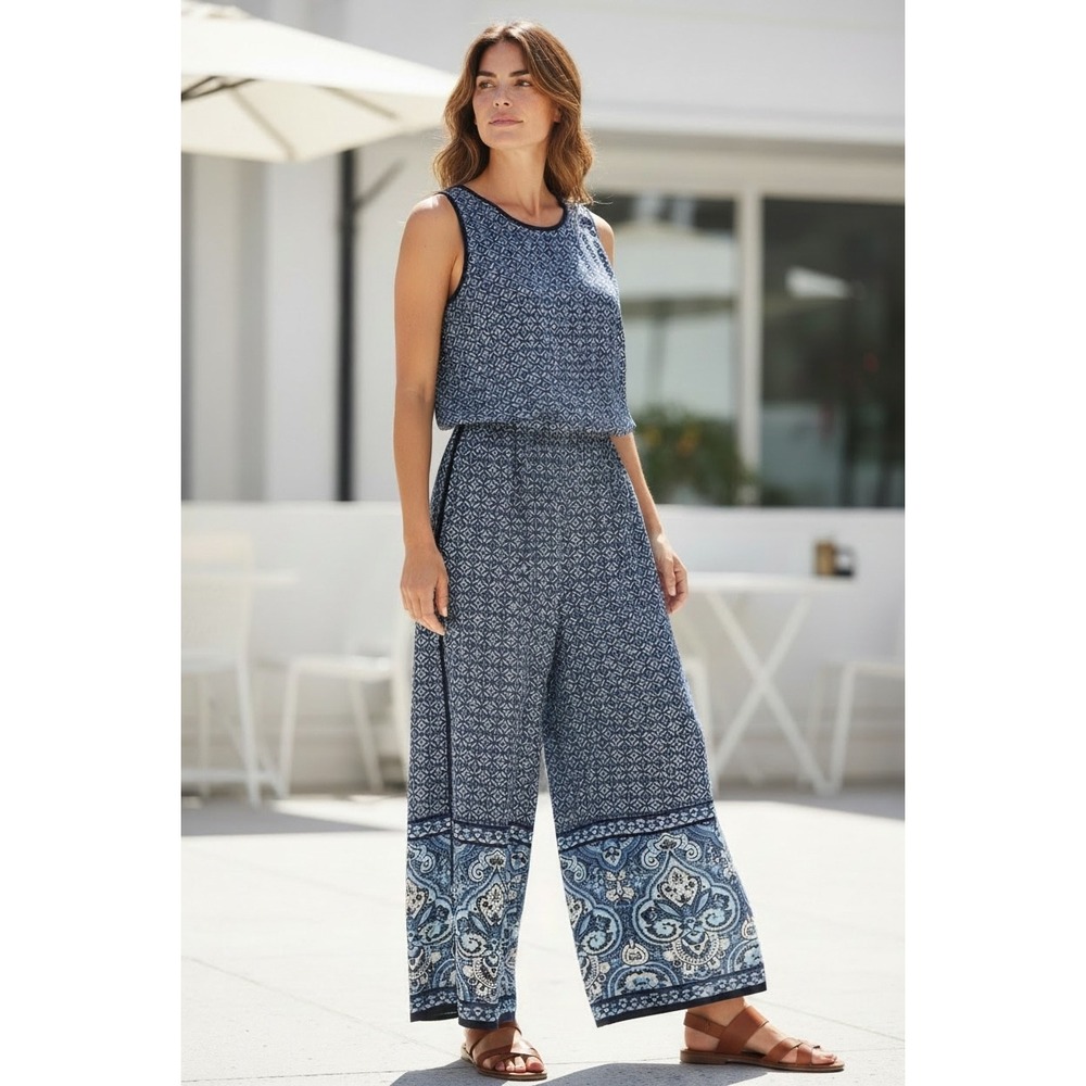 Vince Camuto Wide Leg Jumpsuit Womens 10 Blue Paisley Geometric Boho Coastal